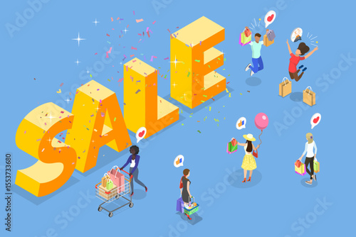 3D Isometric Flat Vector Illustration of Compulsive Shopping, E-commerce Advertising