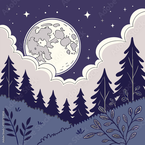 night sky with moon vector,  stunning vector illustration of a glowing full moon 