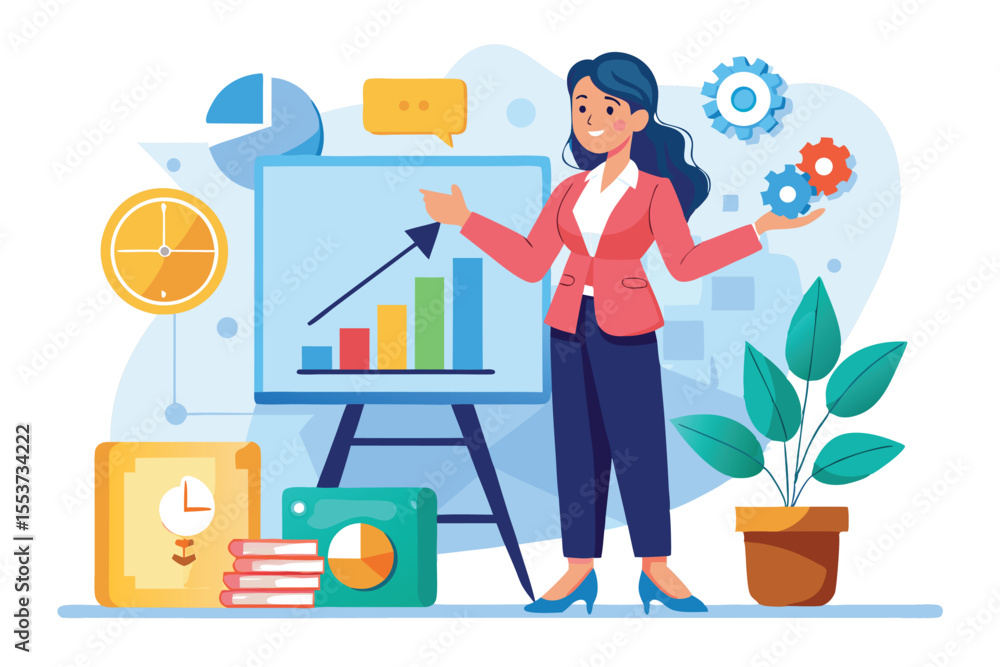 Female leader presents vision strategy with charts and graphs to inspire team engagement and growth while showcasing data-driven decision making Female leader presents vision strategy with charts and graphs to inspire team engagement and growth while showcasing data-driven decision making