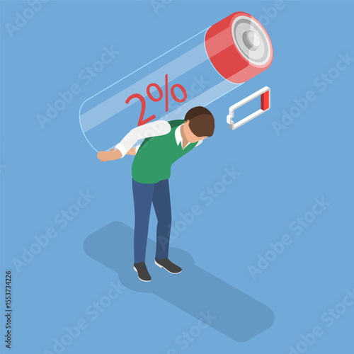 3D Isometric Flat Vector Illustration of Feeling Tired and Low Power, Figure With Drained Battery, Helplessly Running