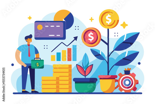 Investment strategies and financial growth represented with colorful graphics of funds, charts, and plants in a modern design setting