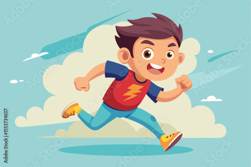 Energetic boy running joyfully in a dynamic cartoon style against a light blue sky with fluffy clouds
