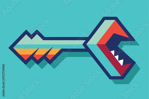 Unique key design featuring geometric shapes and vibrant colors with tooth-like elements creating a playful creature appearance for modern digital art