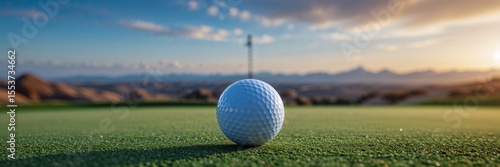 Artistic Panorama with Golf Ball on Grass in Foreground – Minimal Sports Background Concept

