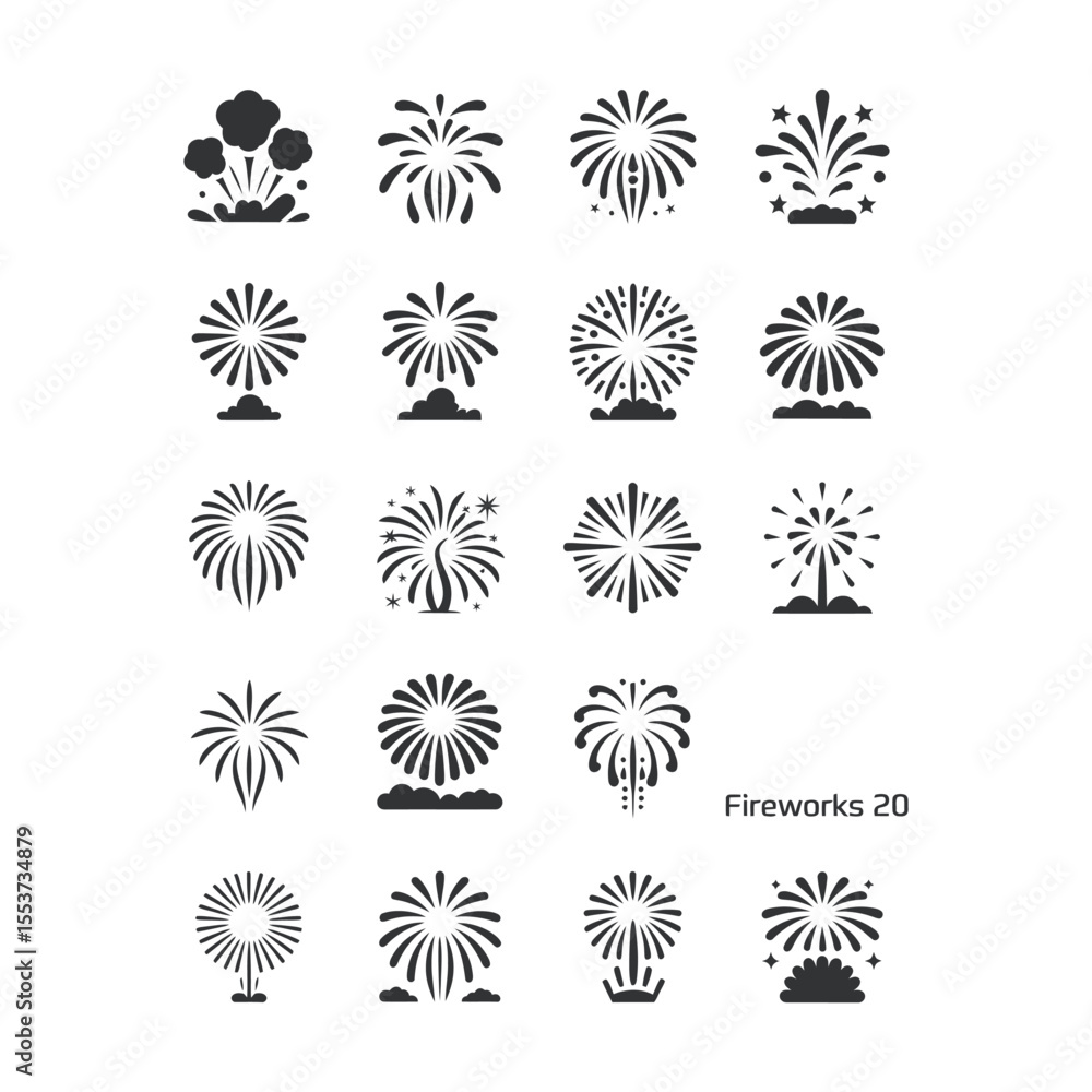 Obraz premium Set of 20 flat monochrome fireworks explosion icons in grid layout on white background