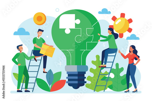 Team members collaboratively fitting puzzle pieces into a large green light bulb in a bright, modern office on a sunny day