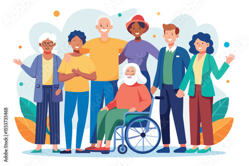 Group of diverse individuals, including elderly and young men and women, coming together in a supportive environment for an uplifting gathering among disabled people