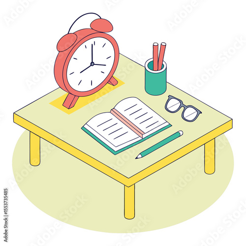 Open book and various colorful objects arranged nicely on a yellow study desk