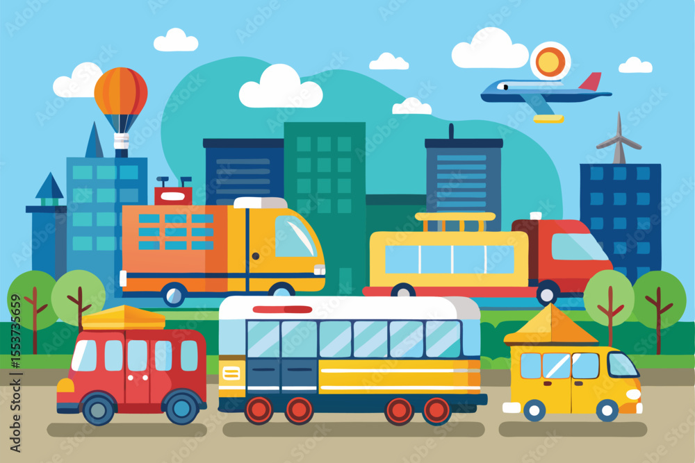 Office transportation in a vibrant city with various vehicles including buses, trucks, and an airplane among buildings and greenery Office transportation in a vibrant city with various vehicles including buses, trucks, and an airplane among buildings and greenery