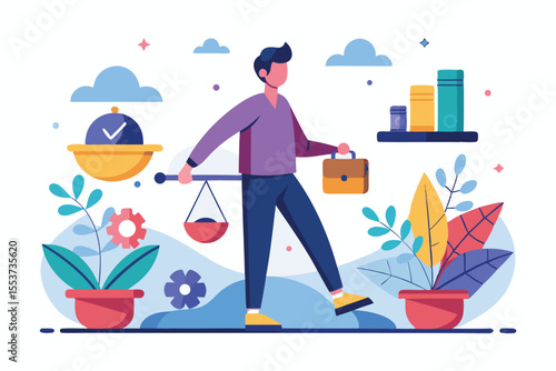 Work life balance representation featuring a person holding a briefcase and balancing a scale surrounded by plants and vibrant colors