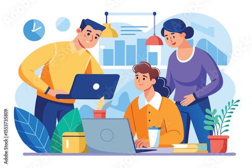 Vector illustrating a team leader supervising two colleagues collaborating on a project in a modern office workspace during the day