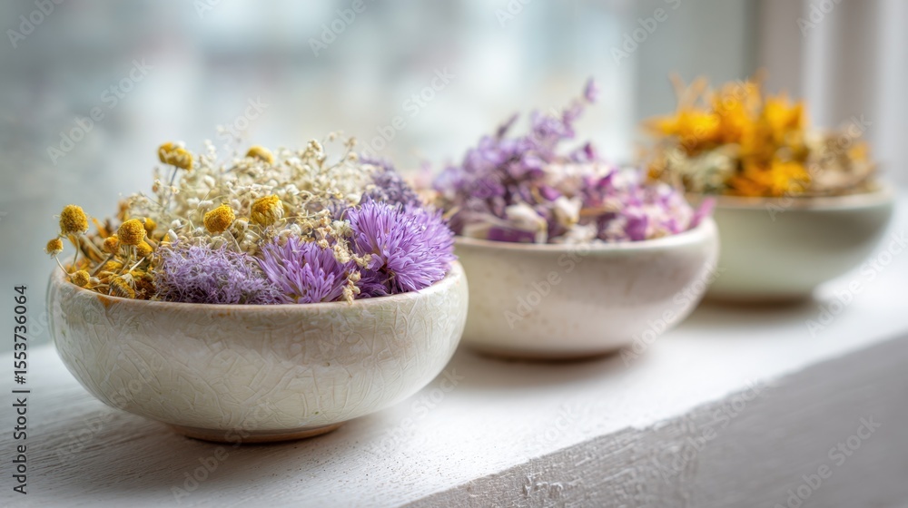Dried herbs and flowers in ceramic bowls, a serene organic wellness composition Dried herbs and flowers in ceramic bowls, a serene organic wellness composition