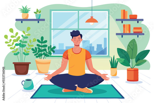 Young man practices yoga at home in a bright room surrounded by plants and natural light during the day