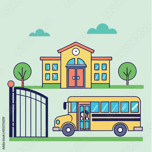 Yellow school bus arrives before the school building through the open gate on pastel background