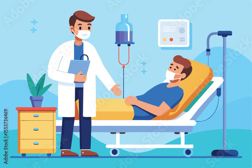 Doctor visits male patient in intensive care unit providing medical support and monitoring health status during treatment