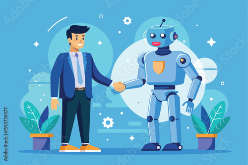 Businessman and artificial intelligence robot shake hands in a modern office environment showcasing collaboration and innovation in technology