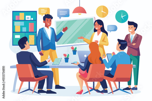 Business discussion meeting taking place during a seminar with diverse participants engaging in brainstorming activities and sharing ideas in a collaborative environment