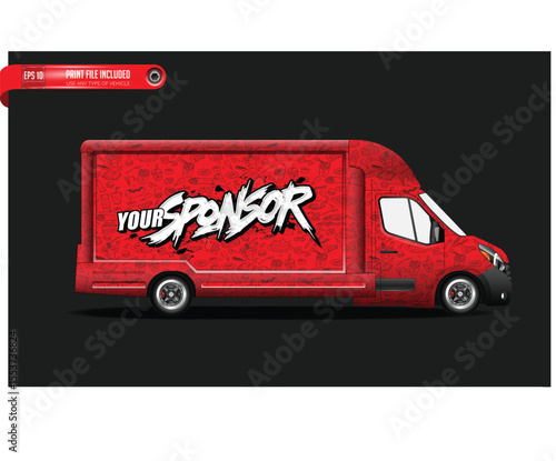 Red Food Truck with Doodle Food Design red