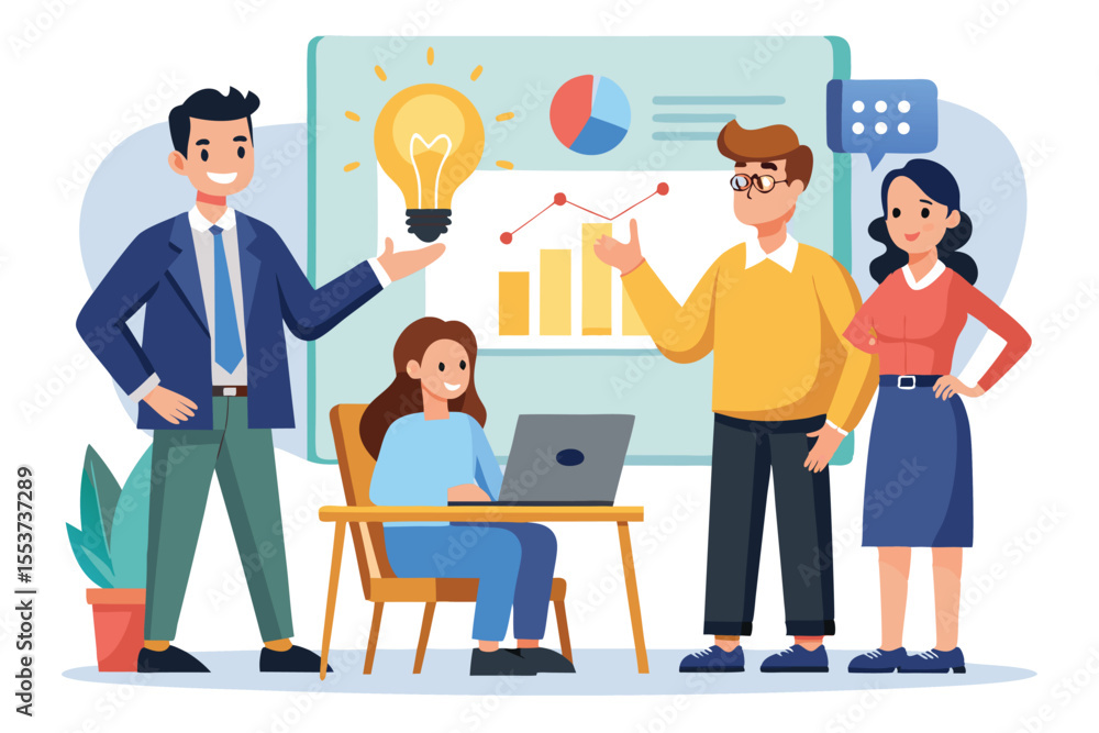Business idea presentation concept featuring a team discussing plans and strategies in a modern office environment with visual aids and a laptop Business idea presentation concept featuring a team discussing plans and strategies in a modern office environment with visual aids and a laptop