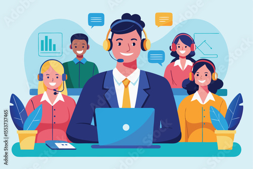 Customer service manager provides support and guidance to team members in a vibrant office environment during a busy workday