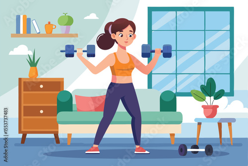 Young woman exercises indoors, lifting dumbbells in a cozy home environment during a workout session