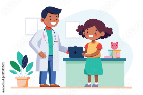 Children's doctor meets little girl at reception for a friendly check-up and conversation regarding health and well-being in a cheerful clinic environment