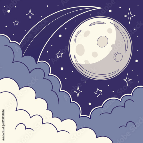 night sky with moon vector,  stunning vector illustration of a glowing full moon 