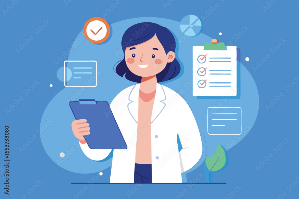 Smiling female doctor in a lab coat holding a clipboard with a checklist, showcasing professionalism and care in a medical setting Smiling female doctor in a lab coat holding a clipboard with a checklist, showcasing professionalism and care in a medical setting