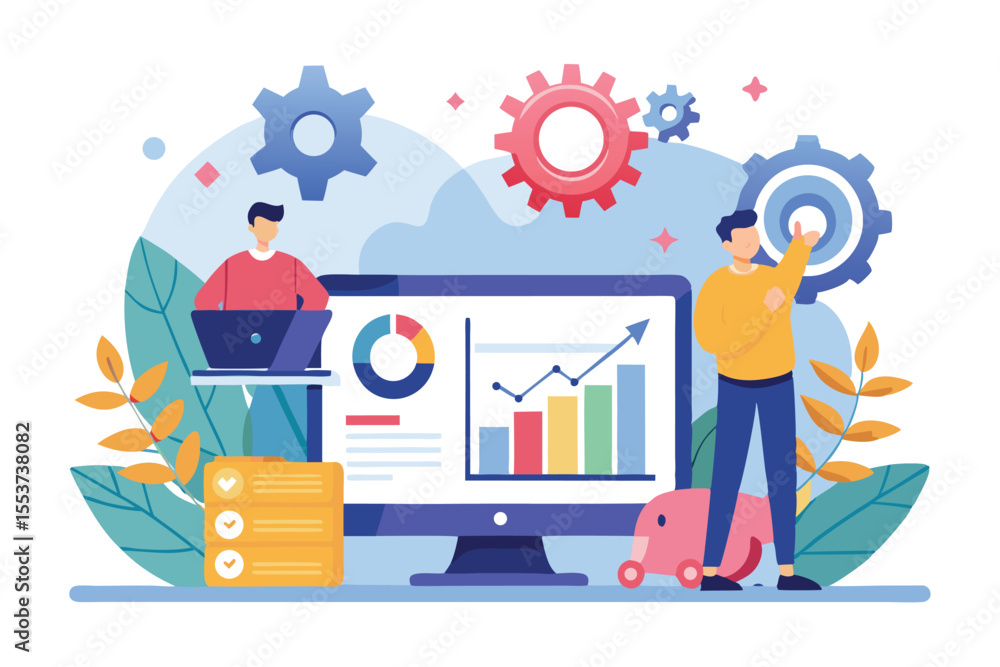 Visual representation of SEO performance analysis with graphs, charts, and team members engaged in digital marketing strategies Visual representation of SEO performance analysis with graphs, charts, and team members engaged in digital marketing strategies