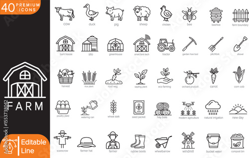 40 Vector Icons of Farming and Agriculture – Clean Line Art Icons of Farm Life, Animals, Crops, Tools, Equipment, and Smart Agriculture for UI, Eco Branding, Infographics, or Stock Design