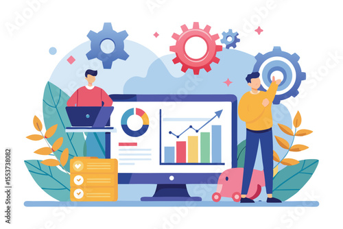 Visual representation of SEO performance analysis with graphs, charts, and team members engaged in digital marketing strategies