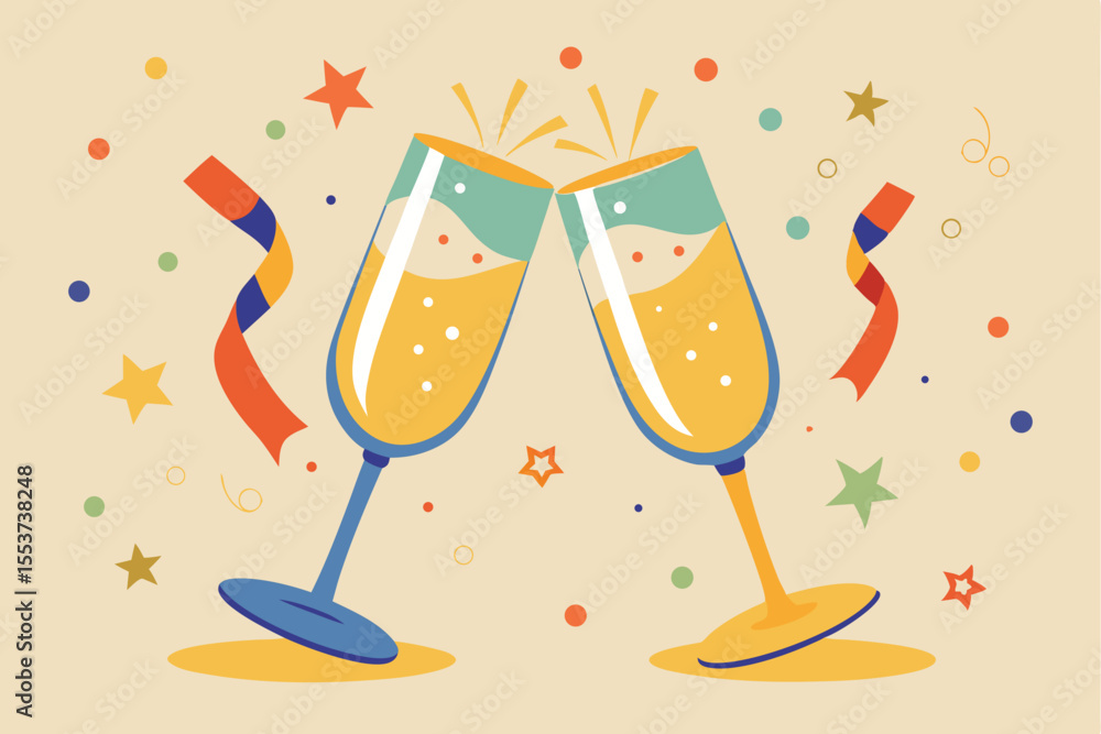 Naklejka premium Sparkling celebration with two glasses of champagne amidst colorful confetti and stars for a festive occasion