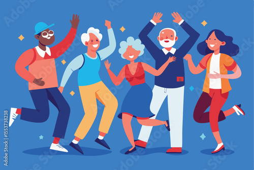 Diverse group of seniors joyfully dancing together in a vibrant setting celebrating life and friendship