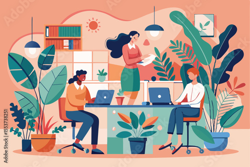 Business professionals collaborate in a modern eco-friendly office filled with plants and vibrant decor during a productive workday
