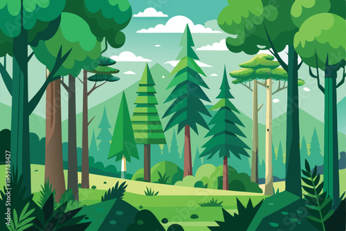 Green tree forest foliage border with coniferous plants and vibrant landscape under a clear sky in a serene natural setting