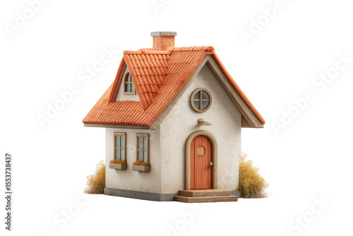 PNG Charming miniature house with red roof and wooden door in garden setting