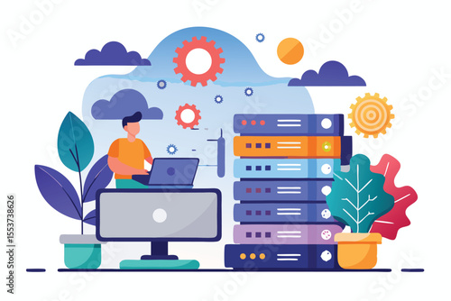Website hosting concept featuring a person working on a laptop with servers, plants, and cloud elements in a vibrant, flat illustration design