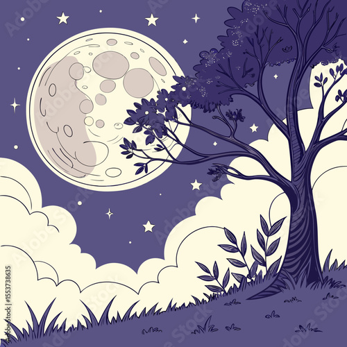 night sky with moon vector,  stunning vector illustration of a glowing full moon 