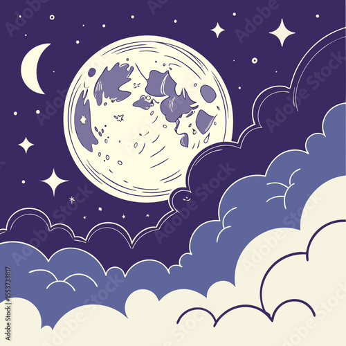 night sky with moon vector,  stunning vector illustration of a glowing full moon 