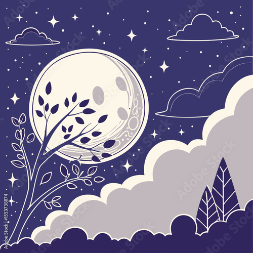 night sky with moon vector,  stunning vector illustration of a glowing full moon 