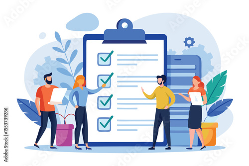 Business checklist concept illustrating a team reviewing tasks and collaborating on project management in a creative workspace with digital tools and greenery