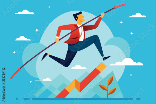 Goal achievement through pole vaulting symbolism showcasing business success and determination in a colorful, dynamic setting
