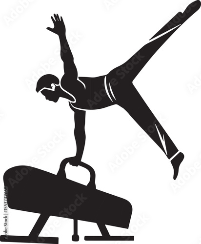 Silhouette of gymnast performing pommel horse routine in balance and strength. Artistic gymnastics vector for competition and training. Ideal for sports, fitness, and illustration design.