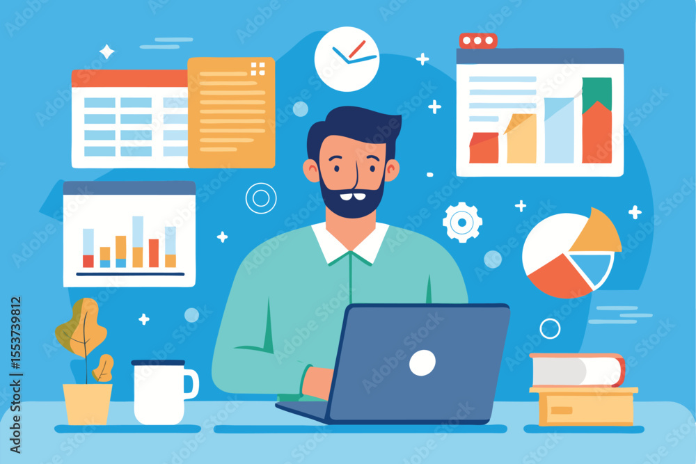 Focused man managing data with a laptop while analyzing charts and reports in a vibrant workspace Focused man managing data with a laptop while analyzing charts and reports in a vibrant workspace
