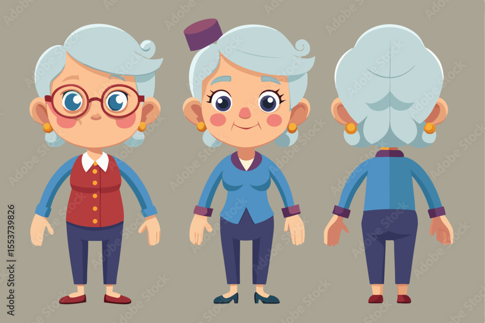 Elderly woman character design for animation with front, side, and back views showcasing unique features and attire in a simple, flat style ideal for cartoon projects Elderly woman character design for animation with front, side, and back views showcasing unique features and attire in a simple, flat style ideal for cartoon projects