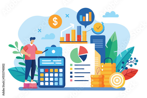 Visual representation of accounting and finance concepts with graphs, charts, and a calculator illustrating a business report and financial planning in a modern office environment