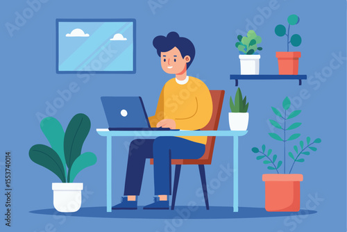 Man working on laptop at a table in a cozy workspace surrounded by plants and natural light during daytime