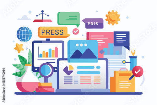 Creative illustration showcasing the concept of press releases and media communication in a vibrant digital environment