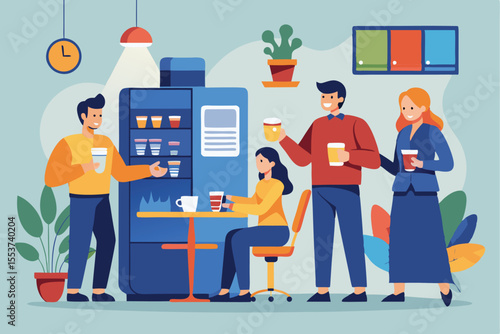 Coffee vending machine concept with diverse individuals enjoying beverages in a cozy indoor setting during daytime