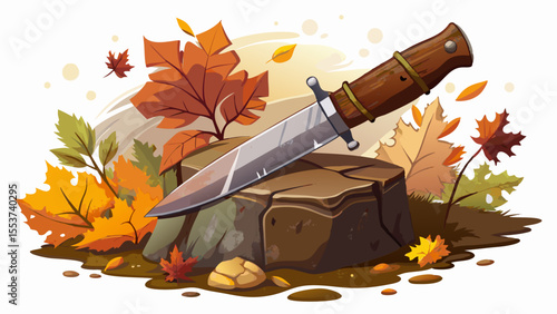 Hunting knife with wooden handle on stone surface surrounded by autumn leaves  white background